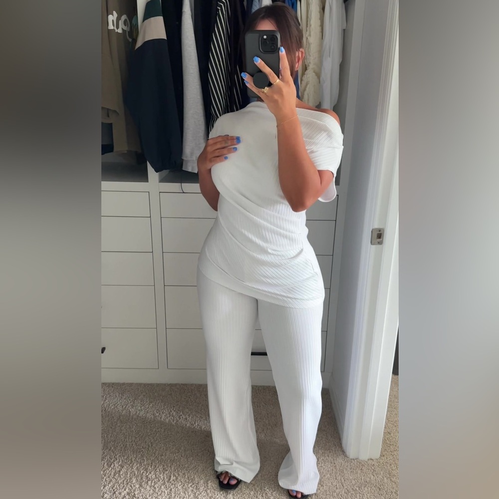 Zara Set - White Ribbed Asymmetric Top & Flowy Wide Leg Pants